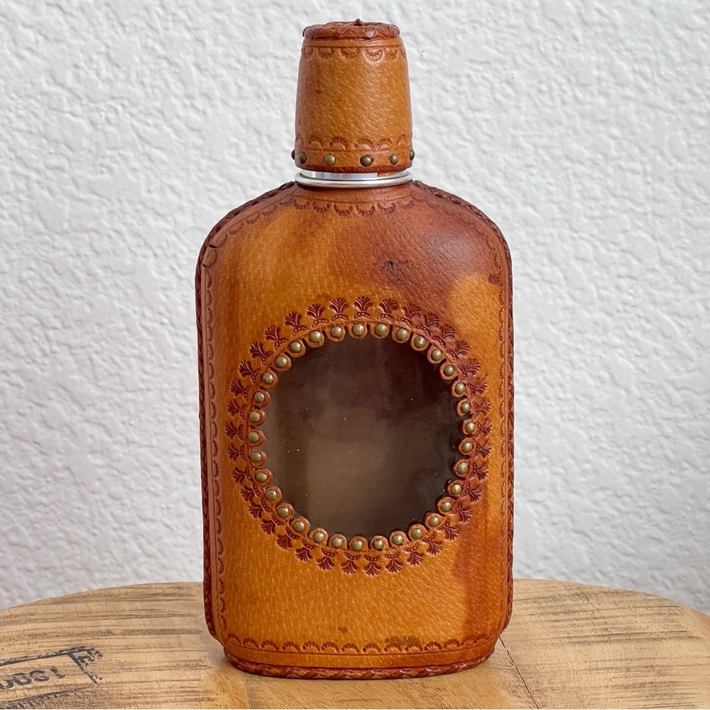 Vintage Hand Tooled Embossed Leather Wrapped Flask Bottle